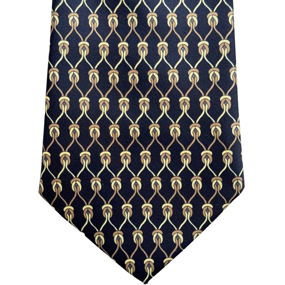 Rene Chagal Mens Handmade Necktie Tie Myung Ju Silk Navy Blue Tan Geometric 53x4